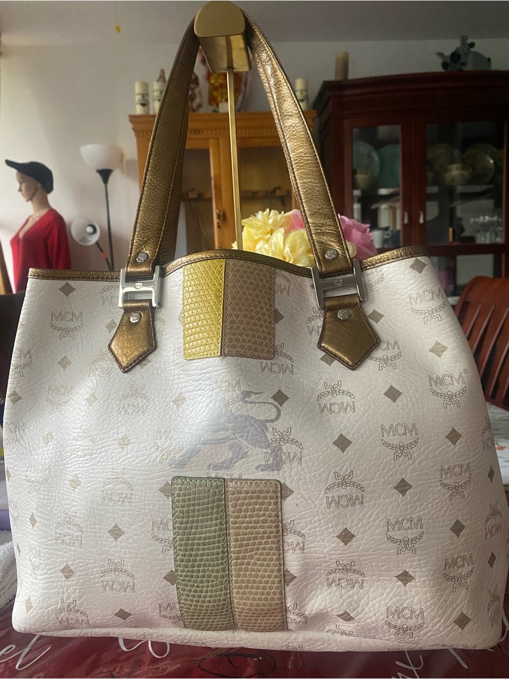 MCM White Leather Tote with Gold Handles and Multicolor Accent Strips